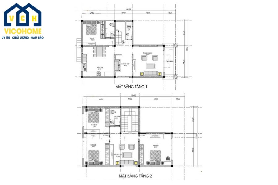 Bản vẽ thiết kế nhà 2 tầng 4 phòng ngủ 80m2